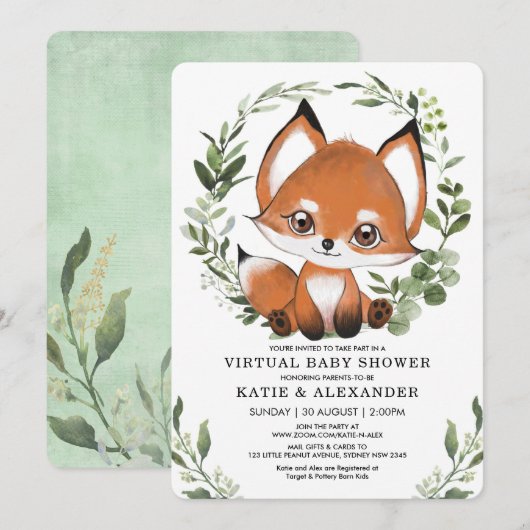 Fox Virtual Baby Dusche von Mail Woodland Grüne Einladung (Vorne/Hinten)