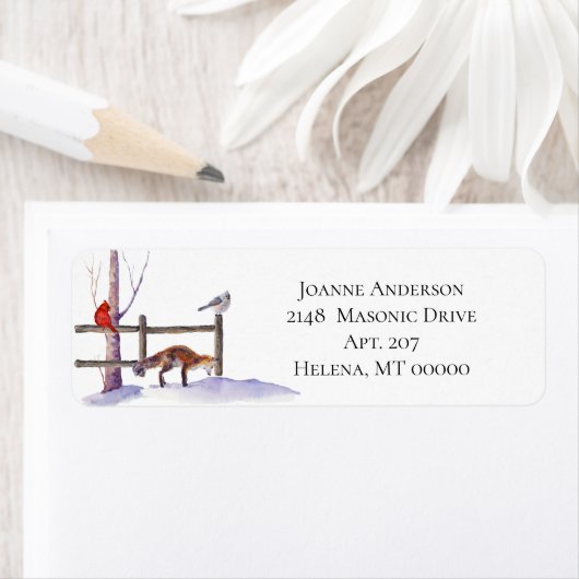 Fox, Vögel, Winterbaum, Bretterzaun, Schnee (Insitu)