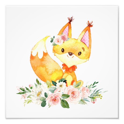Fox, Waldtiere, Boho, rosa Blume Fotodruck (Vorne)