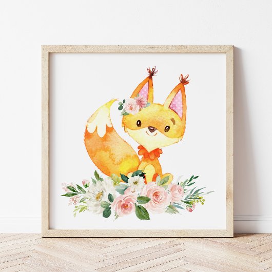 Fox, Waldtiere, Boho, rosa Blume Fotodruck
