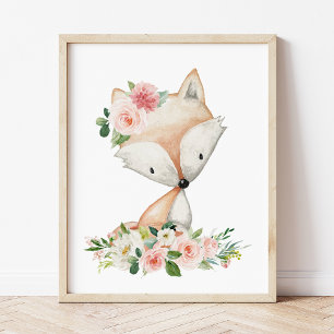 Fox, Waldtiere, Boho, rosa Blume Fotodruck