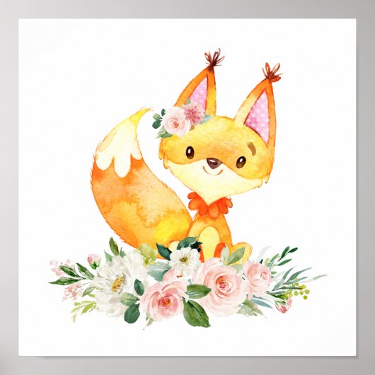 Fox, Waldtiere, Boho, rosa Blume Poster (Vorne)