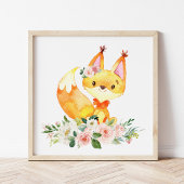 Fox, Waldtiere, Boho, rosa Blume Poster