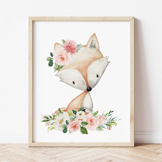 Fox, Waldtiere, Boho, rosa Blume Poster