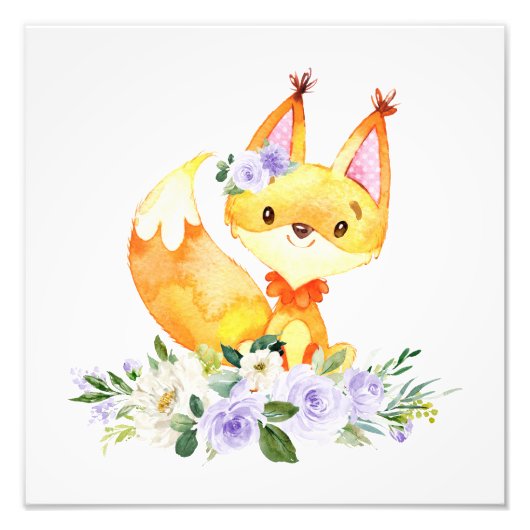 Fox, Waldtiere, Boho, violette Blumen Fotodruck (Vorne)