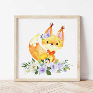 Fox, Waldtiere, Boho, violette Blumen Fotodruck