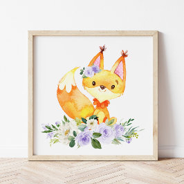 Fox, Waldtiere, Boho, violette Blumen Poster