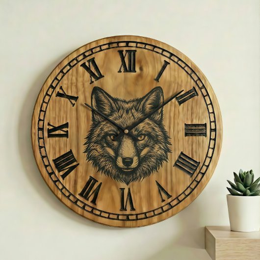 Fox Wall Clock - Wildlife Wooden Style  Große Wanduhr