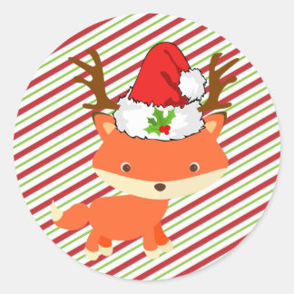 Fox Wearing Rentier Weihnachtsmannmütze Erste Weih Runder Aufkleber