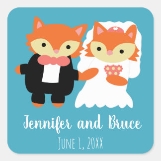Fox Wedding Niedlich Blue Personalize Quadratischer Aufkleber