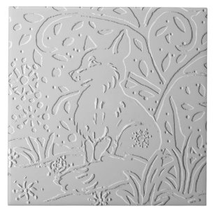 Fox White Gray Black Embossed Woodland Snowflakes Fliese