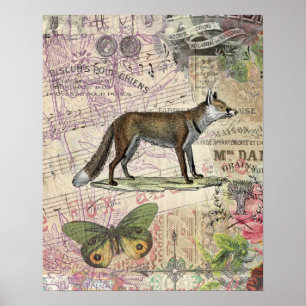 Fox Wildlife Vintag Animal Illustration Poster