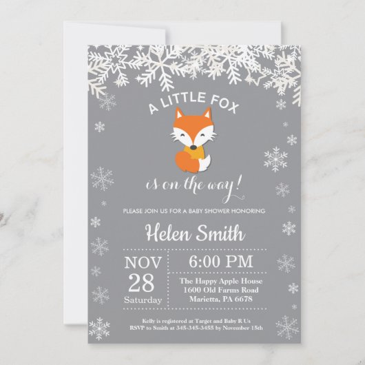 Fox Winter Baby Shower Snowflake Einladung (Vorderseite)