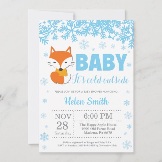 Fox Winter Blue Boy Baby Showflake Einladung (Vorderseite)