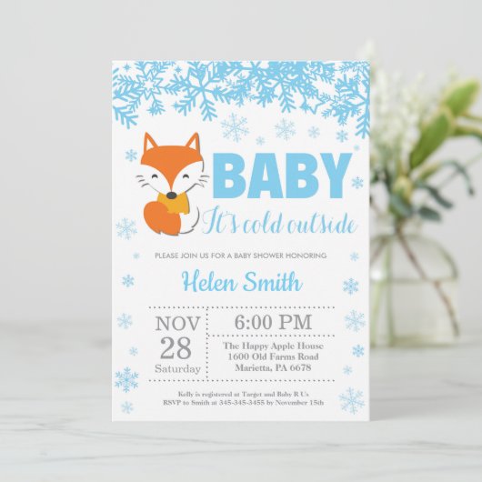 Fox Winter Blue Boy Baby Showflake Einladung (Stehend Vorderseite)