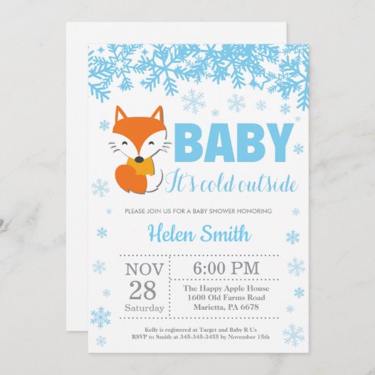 Fox Winter Blue Boy Baby Showflake Einladung (Vorne/Hinten)