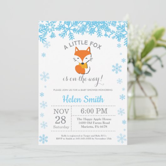 Fox Winter Blue Boy Baby Showflake Einladung (Stehend Vorderseite)
