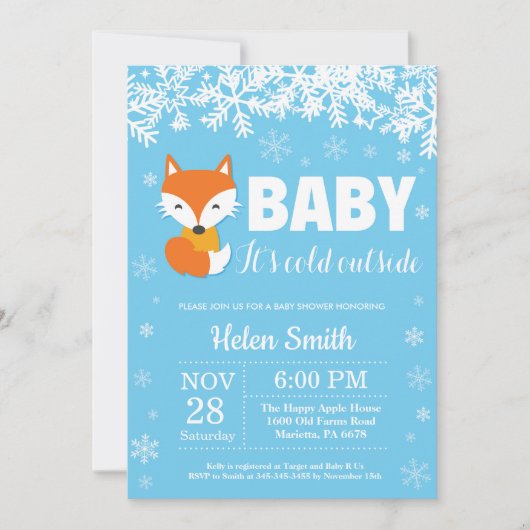 Fox Winter Blue Boy Baby Showflake Einladung (Vorderseite)