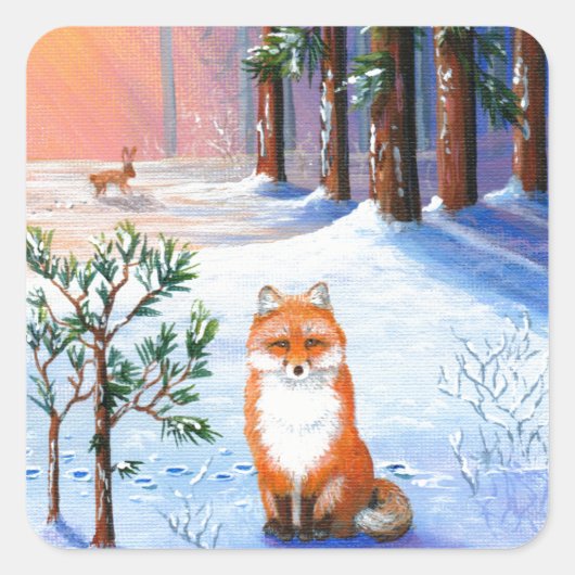 Fox Winter Cartoon Creationarts Quadratischer Aufkleber (Vorderseite)