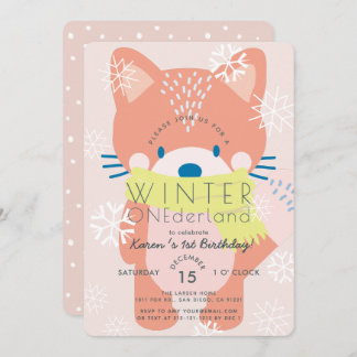 Fox Winter Onederland Pink 1. Geburtstag Einladung