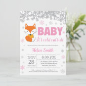 Fox Winter Pink Girl Babydusche Schneeflocke Einladung (Stehend Vorderseite)