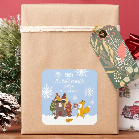 Fox Winter Snowflakes Baby Duschgeschenk Quadratischer Aufkleber (Feiertag)
