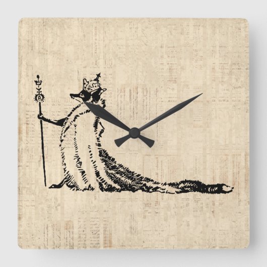 Fox with Crown Antique Illustration Vintag Art Quadratische Wanduhr (Vorderseite)