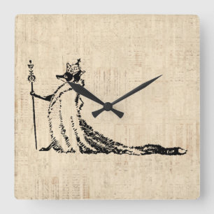 Fox with Crown Antique Illustration Vintage Kunst Quadratische Wanduhr