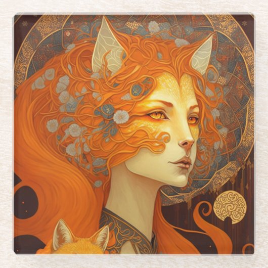 Fox Woman Fantasy Art Glasuntersetzer (Vorderseite)