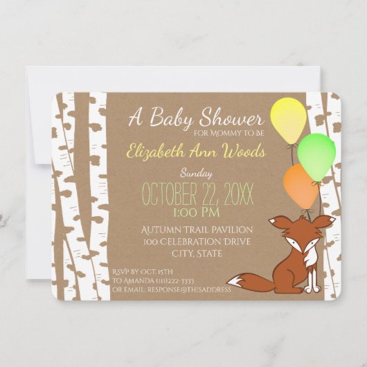 Fox Woodland Birch Tree Baby Dusche Einladung (Vorderseite)