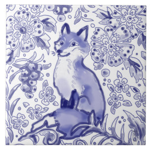 Fox Woodland Floral Blue Folk Nordic Zeichnend  Fliese
