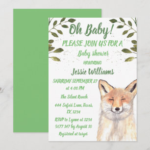 Fox Woodland Tiere Grüne Rustikale Kinderdusche Einladung