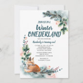 Fox Woodland Winter Onederland Baby Birthday Party Einladung (Vorderseite)