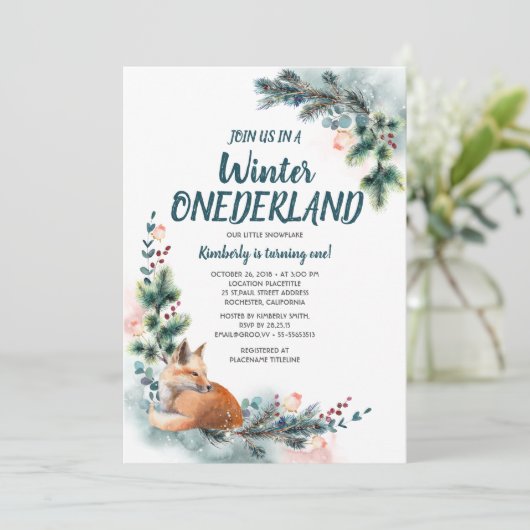 Fox Woodland Winter Onederland Baby Birthday Party Einladung (Stehend Vorderseite)