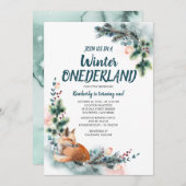 Fox Woodland Winter Onederland Baby Birthday Party Einladung (Vorne/Hinten)
