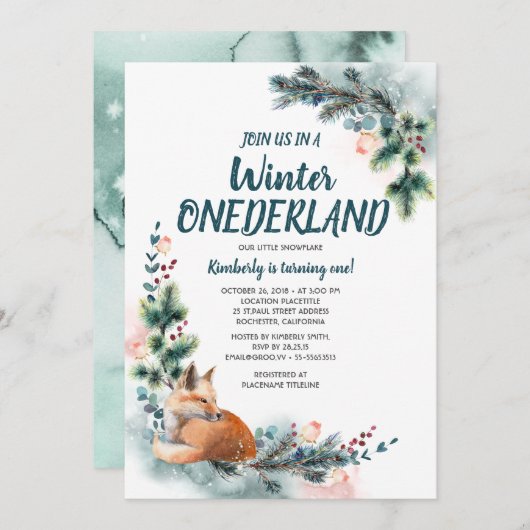 Fox Woodland Winter Onederland Baby Birthday Party Einladung (Vorne/Hinten)