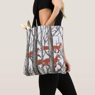 Fox Woods Wildlife Nature Trees Snow Gray Art Tasche