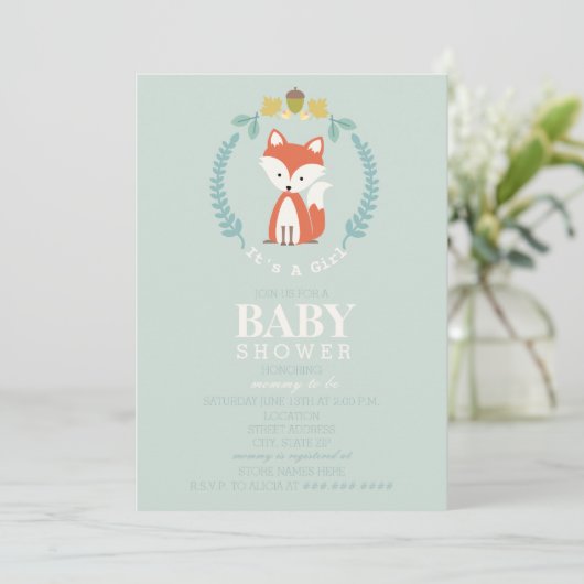 Fox Wreath Babydusche - Mädchen Einladung (Stehend Vorderseite)