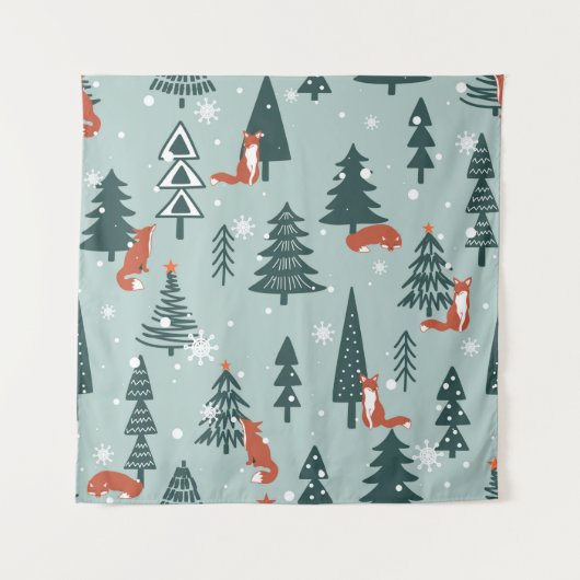 Foxes, fir-trees, snow, hand drawn. Colorful seaml Wandteppich (Vorderseite)