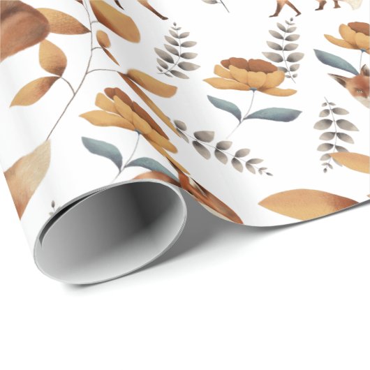 Foxes Flowers Greenery Botanical Geschenkpapier (Rolleneckpunkt)