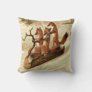 Foxes Sleigh Ride auf Log Vintage Weihnachten druc Kissen