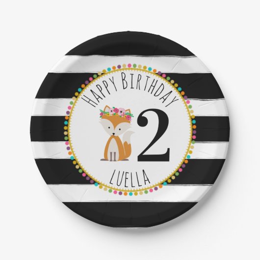 FoxPompom Stripes Geburtstag Pappteller (Vorderseite)