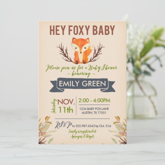 Foxy Baby Shower Einladung Waldwald Fox (Stehend Vorderseite)