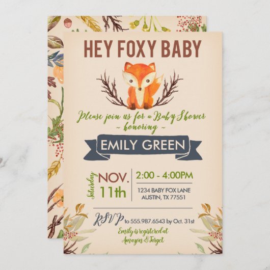 Foxy Baby Shower Einladung Waldwald Fox (Vorne/Hinten)