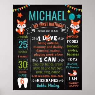Foxy Fox Erstes Geburtstagsfeier-Chalkboard-Zeiche Poster