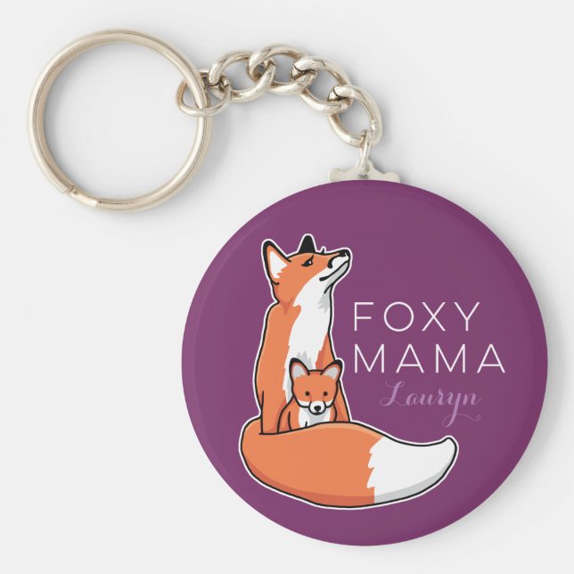 Foxy Fox Mama mit Baby, Personalisiert Schlüsselanhänger (Vorne)