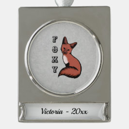 Foxy Red Fox Silver Name and Year Banner-Ornament Silber