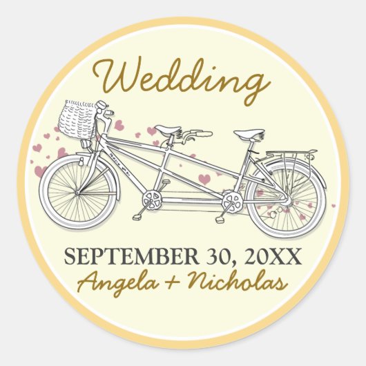 {FP} Tandem Bicycle Wedding Invite Siegel (gelb) Runder Aufkleber (Vorderseite)
