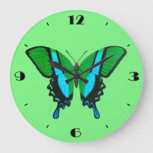 Frack Butterfly in Grün, Türkis und Schwarz Große Wanduhr