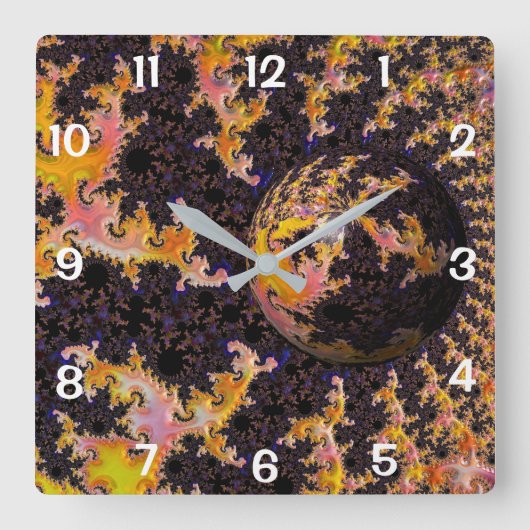 Fractal Firestorm Sphere Quadratische Wanduhr (Vorderseite)